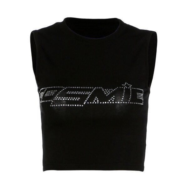 Short Sleeve Crop Shiny Hot Drill Rhinestone Cosmic Letter T-Shirt - Image 6