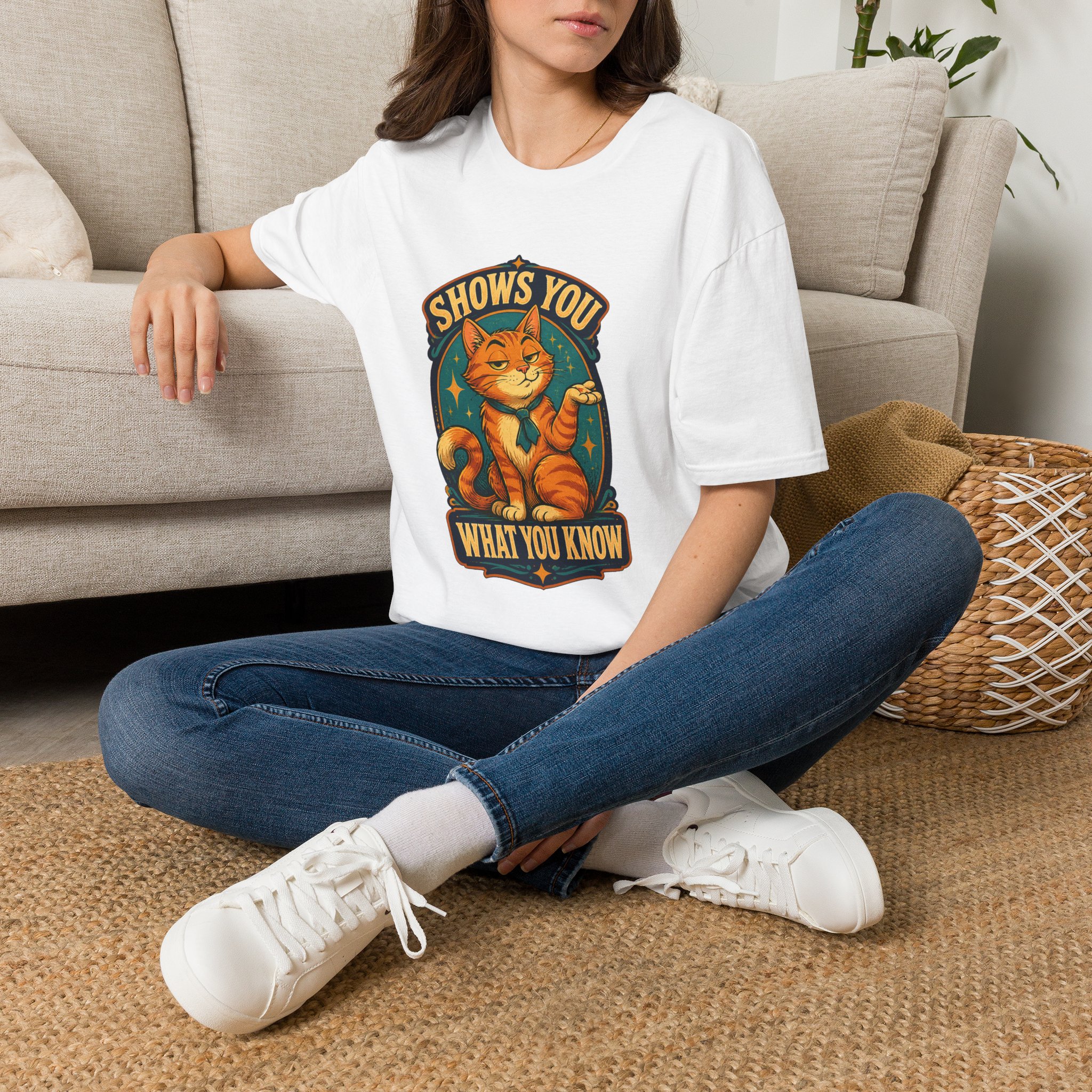 Cat Illustration Shows You What You Know T-Shirt | Retro Orange Cat Tee - Image 4